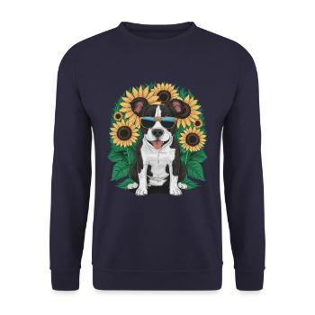 Staffordshire Bull Terrier mit Sonnenblumen - Unisex Pullover - Navy - Vorne - Alina (178cm) & Michal (187cm)