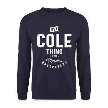 Es ist ein Cole Thing Personalisierter Name - Unisex Pullover - Navy - Vorne - Alina (178cm) & Michal (187cm)