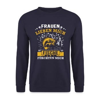 Von Frauen verehrt - Angler und Fischer Geschenk - Unisex Pullover - Navy - Vorne - Alina (178cm) & Michal (187cm)