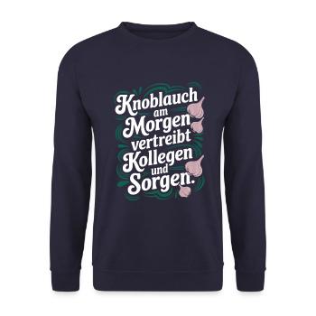Knoblauch am Morgen - Knobi Kollegen Geschenk - Unisex Pullover - Navy - Vorne - Alina (178cm) & Michal (187cm)