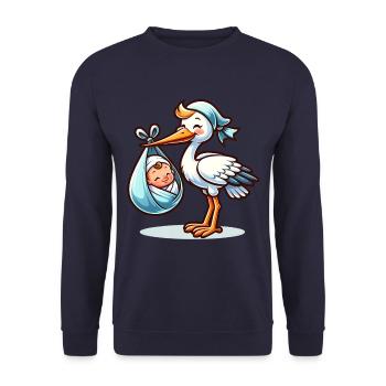 Niedlicher Storch Mit Baby Motiv – Willkommen - Unisex Pullover - Navy - Vorne - Alina (178cm) & Michal (187cm)