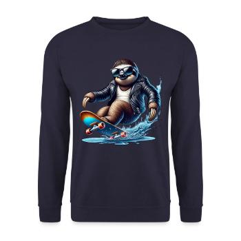 Lässiges Skateboard-Faultier Im Lederjacke - Unisex Pullover - Navy - Vorne - Alina (178cm) & Michal (187cm)