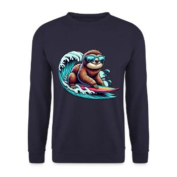 Surfer Faultier Mit Sonnenbrille Auf Welle - Unisex Pullover - Navy - Vorne - Alina (178cm) & Michal (187cm)