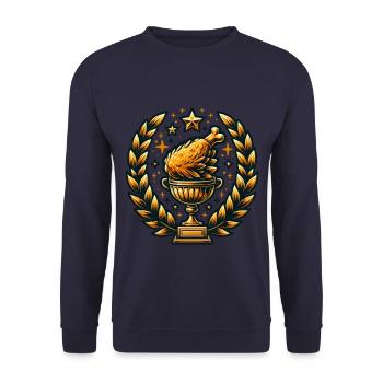 Goldene Pokal mit Hähnchenschenkel und Sternen - Unisex Pullover - Navy - Vorne - Alina (178cm) & Michal (187cm)