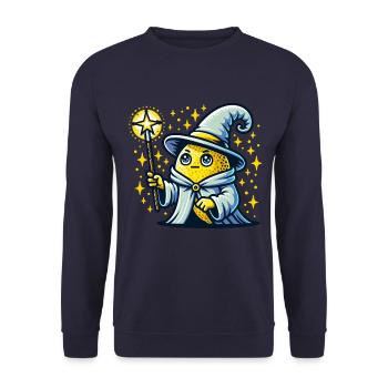 Zauberhafter Zitronenmagier Mit Sternenstab - Unisex Pullover - Navy - Vorne - Alina (178cm) & Michal (187cm)