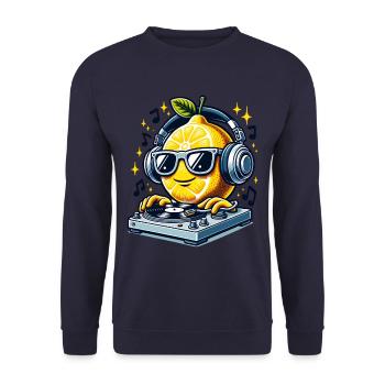 Coole DJ Zitrone Mit Kopfhörern Und Plattenspieler - Unisex Pullover - Navy - Vorne - Alina (178cm) & Michal (187cm)