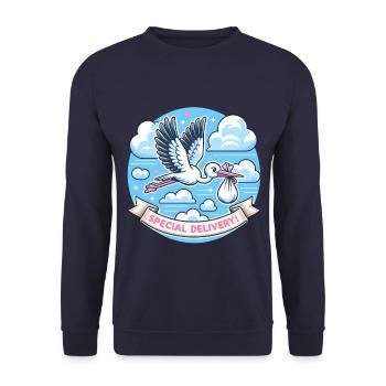 Besondere Lieferung Storch Wolken Himmel - Unisex Pullover - Navy - Vorne - Alina (178cm) & Michal (187cm)