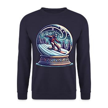 Abenteuer Im Schnee: Snowboarder in Schneekugel - Unisex Pullover - Navy - Vorne - Alina (178cm) & Michal (187cm)