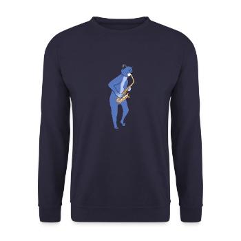 JAZZ CAT PLAYING SAXOPHONE - SAX CAT - Unisex Sweatshirt - navy - Front - Alina (178cm) & Michal (187cm)