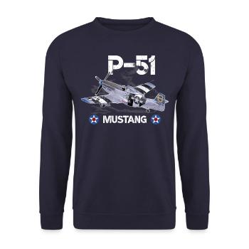 P 51 Kampfflugzeug Grafik - Unisex Pullover - Navy - Vorne - Alina (178cm) & Michal (187cm)