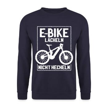 E-Bike Rentner lächeln hecheln - Unisex Pullover - Navy - Vorne - Alina (178cm) & Michal (187cm)
