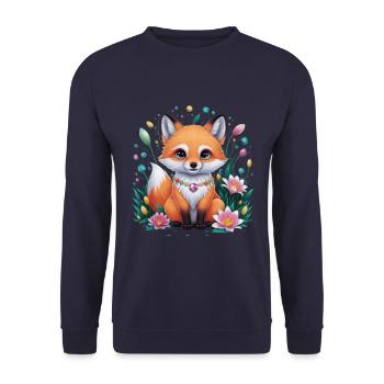 Cartoon Kawaii Fuchs mit farbenfrohen Blumen - Unisex Pullover - Navy - Vorne - Alina (178cm) & Michal (187cm)