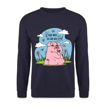 Bauernhof Bauer Schwein Küss mich Ich erb den Hof - Unisex Pullover - Navy - Vorne - Alina (178cm) & Michal (187cm)