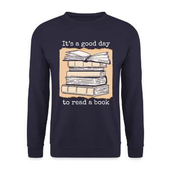 Bücher Buch lesen Bücherei Bibliothek Bücherwurm - Unisex Pullover - Navy - Vorne - Alina (178cm) & Michal (187cm)