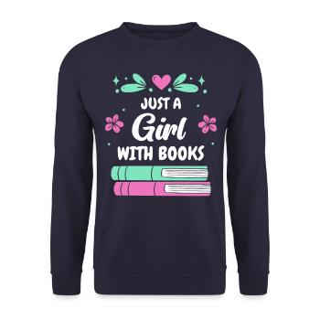 Bücher Buch lesen Bücherei Bibliothek Bücherwurm - Unisex Pullover - Navy - Vorne - Alina (178cm) & Michal (187cm)