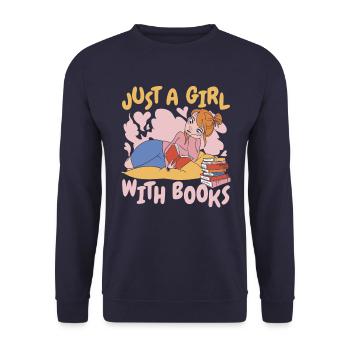 Bücher Buch lesen Bücherei Bibliothek Bücherwurm - Unisex Pullover - Navy - Vorne - Alina (178cm) & Michal (187cm)