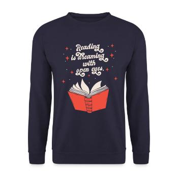 Bücher Buch lesen Bücherei Bibliothek Bücherwurm - Unisex Pullover - Navy - Vorne - Alina (178cm) & Michal (187cm)