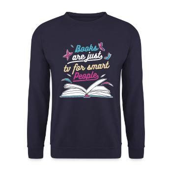Bücher Buch lesen Bücherei Bibliothek Bücherwurm - Unisex Pullover - Navy - Vorne - Alina (178cm) & Michal (187cm)
