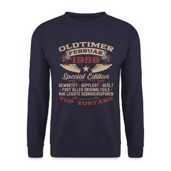 Oldtimer Februar Jahrgang 1958 Mann 65. Geburtstag - Unisex Pullover - Navy - Vorne - Alina (178cm) & Michal (187cm)