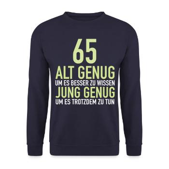 Geschenk 65 Jahre Geburtstagskind - Unisex Pullover - Navy - Vorne - Alina (178cm) & Michal (187cm)