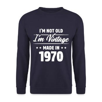 JE NE SUIS PAS VIE, JE SUIS VINTAGE | FABRIQUÉ EN 1970 - Sweat-shirt Unisexe - marine - Devant - Alina (178cm) & Michal (187cm)