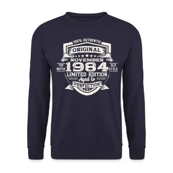 Original November 1984 38th Birthday Gift - Unisex Sweatshirt - navy - Front - Alina (178cm) & Michal (187cm)