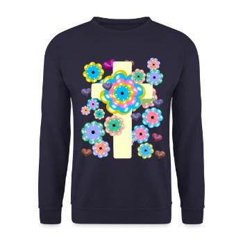 Kreuz Jesus Kreuze Blumen Herz Herzen Kreuze - Unisex Pullover - Navy - Vorne - Alina (178cm) & Michal (187cm)