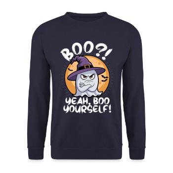 Grimmiger Halloween Geist - Unisex Pullover - Navy - Vorne - Alina (178cm) & Michal (187cm)
