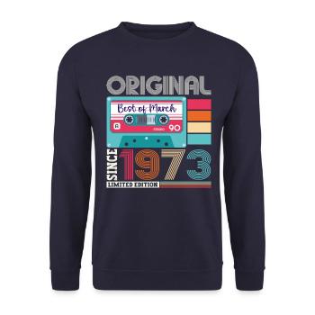 50 Birthday Man March Born 1973 Fun Cassette - Unisex Sweatshirt - navy - Front - Alina (178cm) & Michal (187cm)