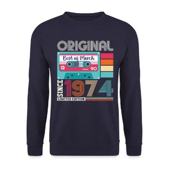 49 Birthday Man March Born 1974 Fun Cassette - Unisex Sweatshirt - navy - Front - Alina (178cm) & Michal (187cm)