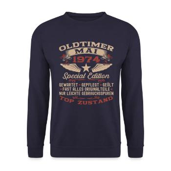 49. Geburtstag Mann Oldtimer Mai Jahrgang 1974 - Unisex Pullover - Navy - Vorne - Alina (178cm) & Michal (187cm)