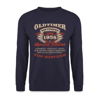 65. Geburtstag Oldtimer September Jahrgang 1958 - Unisex Pullover - Navy - Vorne - Alina (178cm) & Michal (187cm)