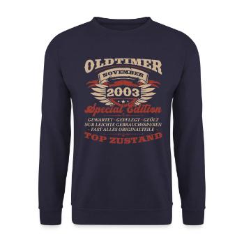 20. Geburtstag Oldtimer November Jahrgang 2003 - Unisex Pullover - Navy - Vorne - Alina (178cm) & Michal (187cm)