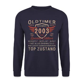 20. Geburtstag Oldtimer Dezember Jahrgang 2003 - Unisex Pullover - Navy - Vorne - Alina (178cm) & Michal (187cm)