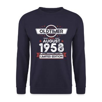 Oldtimer August 1958 Jahrgang 1958 66. Geburtstag - Unisex Pullover - Navy - Vorne - Alina (178cm) & Michal (187cm)