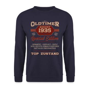 89. Geburtstag Oldtimer August 1935 Jahrgang 1935 - Unisex Pullover - Navy - Vorne - Alina (178cm) & Michal (187cm)