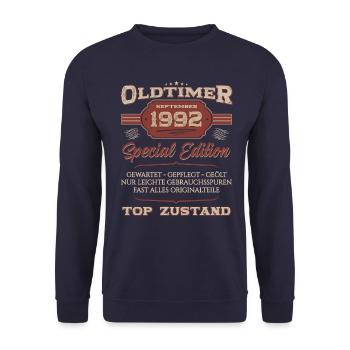32. Geburtstag Oldtimer September 1992 Jahrgang 92 - Unisex Pullover - Navy - Vorne - Alina (178cm) & Michal (187cm)