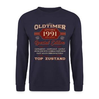 33. Geburtstag November Oldtimer 1991 Jahrgang - Unisex Pullover - Navy - Vorne - Alina (178cm) & Michal (187cm)