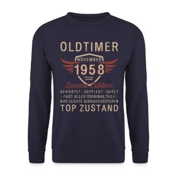 66. Geburtstag Oldtimer November 1958 Jahrgang 58 - Unisex Pullover - Navy - Vorne - Alina (178cm) & Michal (187cm)