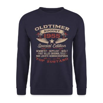 70. Geburtstag Oldtimer August Jahrgang 1955 - Unisex Pullover - Navy - Vorne - Alina (178cm) & Michal (187cm)