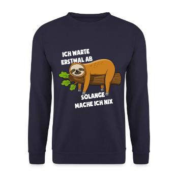 Faultier Ich warte erstmal ab solange mach ich nix - Unisex Pullover - Navy - Vorne - Alina (178cm) & Michal (187cm)