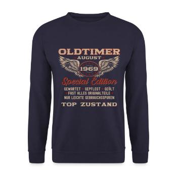 Oldtimer August 1969 Jahrgang 1969 55. Geburtstag - Unisex Pullover - Navy - Vorne - Alina (178cm) & Michal (187cm)