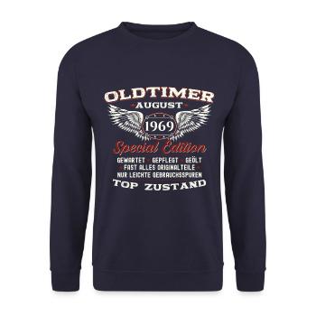 Oldtimer August 1969 Jahrgang 1969 55. Geburtstag - Unisex Pullover - Navy - Vorne - Alina (178cm) & Michal (187cm)