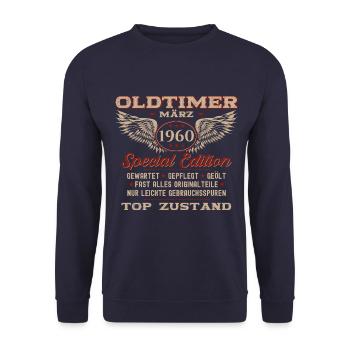 65. Geburtstag Oldtimer März Jahrgang 1960 - Unisex Pullover - Navy - Vorne - Alina (178cm) & Michal (187cm)