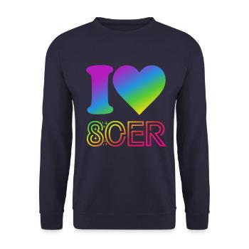 I Love 80er Jahre - bunter Regenbogen - Kostüm - Unisex Pullover - Navy - Vorne - Alina (178cm) & Michal (187cm)