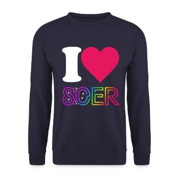 I Love 80er Jahre - bunter Regenbogen - Kostüm - Unisex Pullover - Navy - Vorne - Alina (178cm) & Michal (187cm)