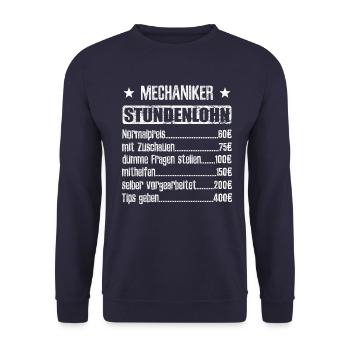 Stundenlohn Mechaniker Beruf - Spruch - Unisex Pullover - Navy - Vorne - Alina (178cm) & Michal (187cm)