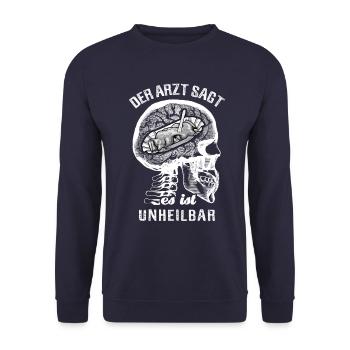 Der Arzt sagt es ist unheilbar - Currywurst - Unisex Pullover - Navy - Vorne - Alina (178cm) & Michal (187cm)