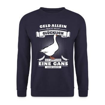 Geld allein macht nicht glücklich, aber eine Gans - Unisex Pullover - Navy - Vorne - Alina (178cm) & Michal (187cm)
