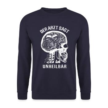 Der Arzt sagt es ist unheilbar - Wein - Unisex Pullover - Navy - Vorne - Alina (178cm) & Michal (187cm)